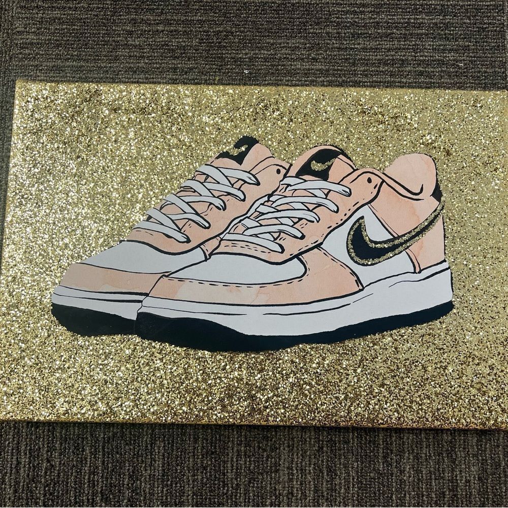 Nike Peach and Black Gold Glitter Sneakers on Gold Canvas